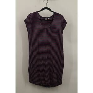 Gap Women's Striped V-Neck T-Shirt Dress Cap Sleeve Pockets Size M Blue/Pink